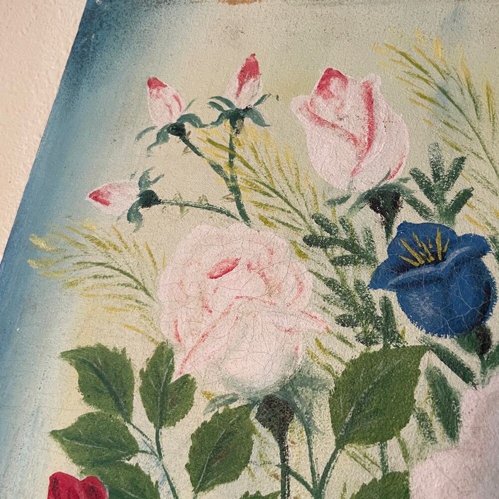 Original Signed Old Floral Still Life Painting on Nailed Canvas 20" x 15" - Picture 6 of 8
